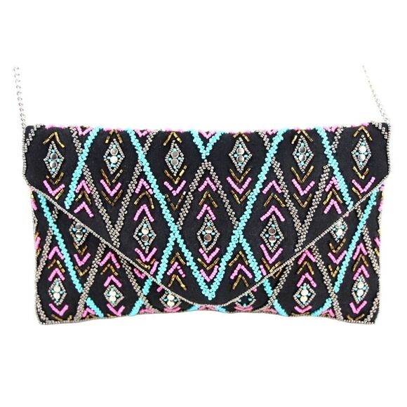 HANDCRAFTED MULTICOLOR BEADED BLACK CANVAS X-BODY ENVELOP SHOULDER BAG PURSE - Picture 1 of 14